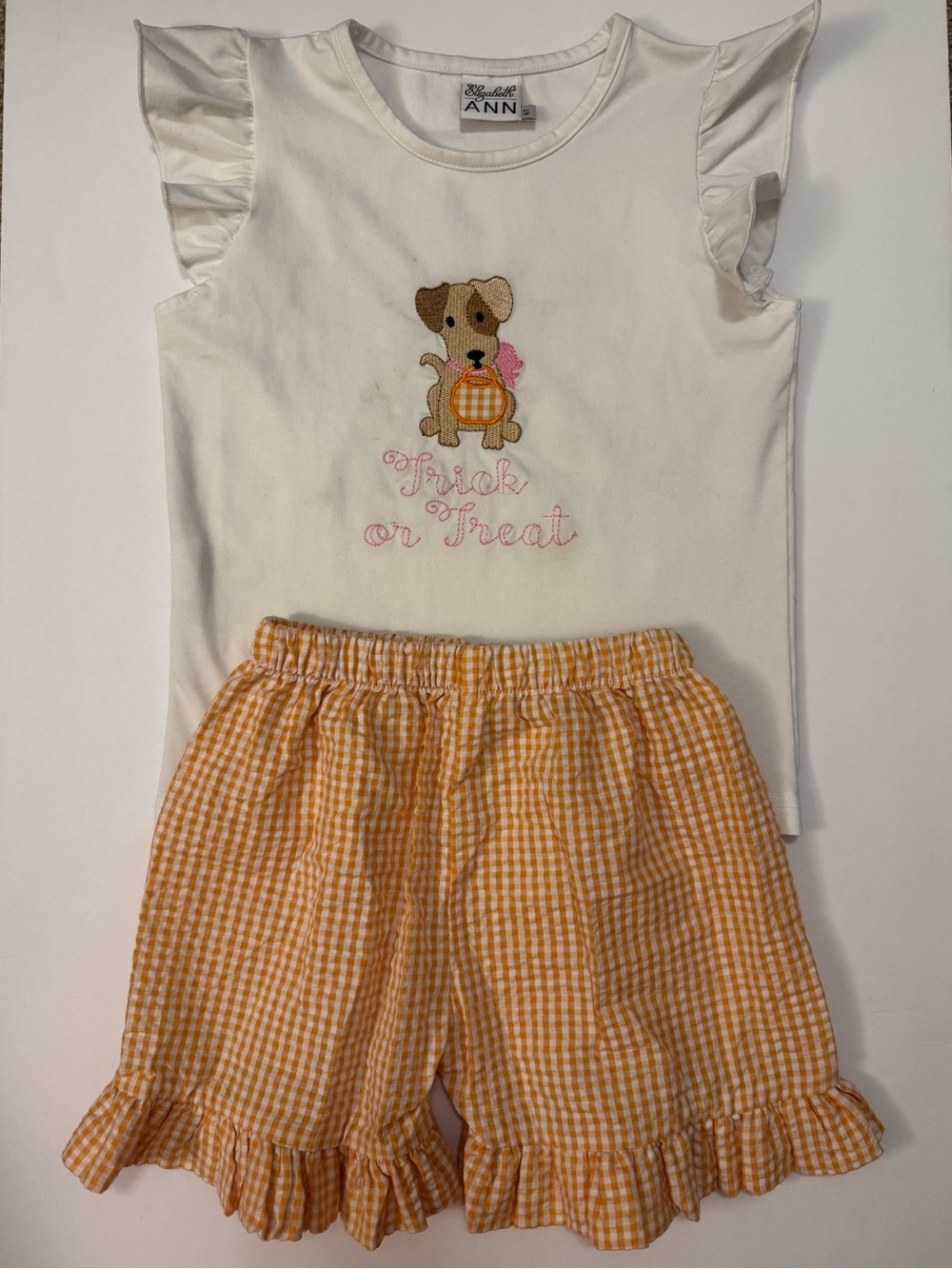 Elizabeth Ann White Top & Orange Gingham Set Trick or Treat embroidery - 4T